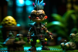 caricature, evil, dark arts, intricately painted, miniature figure. a miniature figure of an (angry:1.5) female cyberpunk (female Minion with glasses:1.4) with a rainbow mohawk hairstyle, set in a jungle, (holding a machete:1.6), giant boots, punk, worn, bokeh, Low DOF, 16k, trending on artstation. AlbedoBase XL.