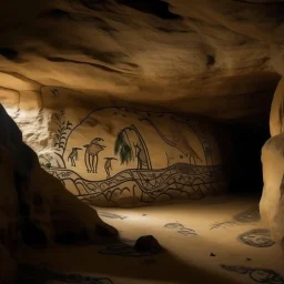 A brown canyon with a cave designed in native American petroglyphs painted by Alan Sorrell