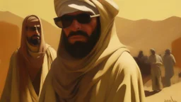 takistan life, oil painting. dr arab cover 1970, closeup dnd style. sunglasses, cape. lawrence of arabia.