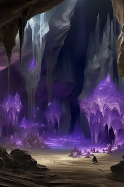 A purple crystal caverns with imps painted by Leonardo da Vinci