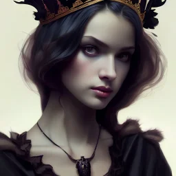 young queen of darkness with a perfect crown, flannel jacket, shoulder-length hairstyle, black lace choker, dark eyeshadow, black eyeliner, high arch angular eyebrows, head and shoulders portrait, 8k resolution concept art portrait by Greg Rutkowski, Artgerm, WLOP, Alphonse Mucha dynamic lighting, hyperdetailed, intricately detailed, Splash art trending on Artstation
