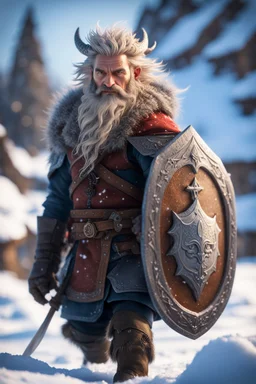 knee deep in snow, epic hero norseman with wild hair, short ears, and big holy ornamented shield Under stjerners gnist Vi går som ett, vår tro et løfte ,bokeh like f/0.8, tilt-shift lens 8k, high detail, smooth render, down-light, unreal engine, prize winning