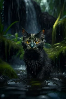 cat bat won the dark clouds, portrait in weird waterfall in moist swamp planet , photo-realistic, shot on Hasselblad h6d-400c, zeiss prime lens, bokeh like f/0.8, tilt-shift lens 8k, high detail, smooth render, down-light, unreal eng