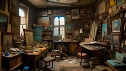 A watercolor masterpiece, a cluttered room with countless paintings covering every inch of the walls, each telling a unique story. The room belongs to the mysterious unnamed painter, whose work is both enchanting and enigmatic. The paintings vary in style and color, creating a visually captivating scene