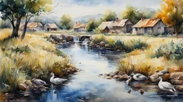 watercolor, impressionism, byzantine oil painting on alcohol depicting a village, stream, geese, 32k resolution, hyper detail, fine detail, fine rendering, airbrush strokes, 8k concept art, hyper detail, complex detail