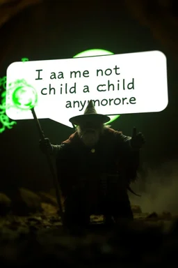 speech buble in front saying "I am not a child anymore" Haraberget big fast killer glowing ball demi-lich in background, magic swirl, strong winds, true grit, reggae rasta native stand off fast draw poncho cowboy wizard on knees hurt punching green and blue fire ball whip while taking sight wand slinger, in dark cave ,bokeh like f/0.8, tilt-shift lens 8k, high detail, smooth render, down-light, unreal engine