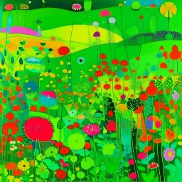 A neon green field with copied flowers painted by Wassily Kandinsky