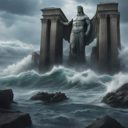 **Cinematic Art:** Visualize colossal, ancient statues emerging from the sea, their outstretched arms holding back storm surges. These guardians symbolize resilience and protection against coastal flooding. Wide-angle shots capturing the vastness of the ocean and the statutes imposing presence. **Appearance:** Cinematic art ideas that that encapsulate the essence of constructing and optimizing flood and stormwater infrastructure in geographical and coastal areas prone to natural disasters. These