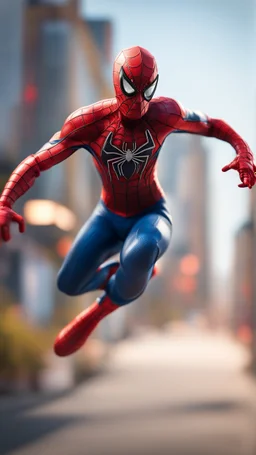 spider man jumping competing in downhill, bokeh like f/0.8, tilt-shift lens 8k, high detail, smooth render, down-light, unreal engine, prize winning