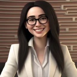 a portrait of smiling woman wearing ivory blazer with white shirt inside. long black hair, messy hair. light skin. black eye pupils. big nose. pear face shape. wearing small rectangle glasses. thick eyebrow. pixar style. 3D. 4k. portrait. highly detailed. sharp focus. high resolution. full color. cinema lighting