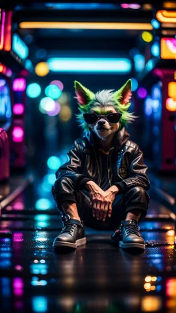 camera angle from feet, portrait of slick lord water wolf Gremlin myth buster pimp ninja cyber punk sitting on a hipster car parked in dark fashionably lit reflective wet arcade hall tunnel,bokeh like f/0.8, tilt-shift lens 8k, high detail, smooth render, down-light, unreal engine, prize winning