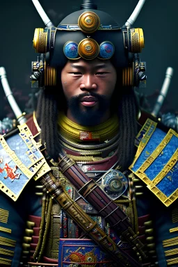 No1st_cr1t1kal, Charlie White, full portrait of black samurai gaspunk, high detail, volumetric lighting, tiny features, intricate detail, volumetric clouds