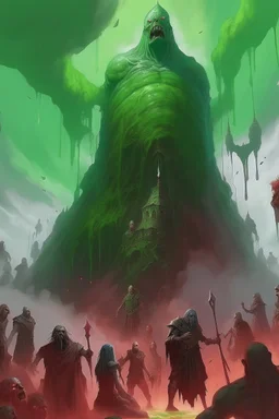 Terrifying image of a slime dnd artstyle, Towering over a helpless party of heros