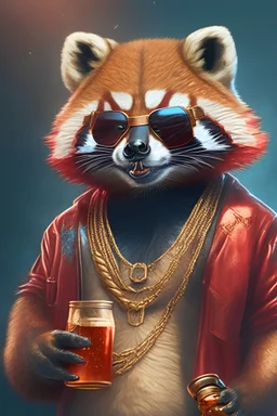 realistic red panda rapper wearing golden necklace and aviators with cigar in mouth and holding a drink