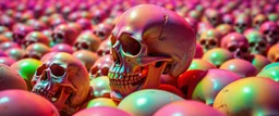 a field of 1000s of psychedelic psilocybin induced anatomically correct, skulls, vivid RANDOM BRIGHT neon colors, dark comedy, well lit, high detail, photorealistic, horrorcore, fun, scary, none featured, each a different color or hue, close to anatomically correct
