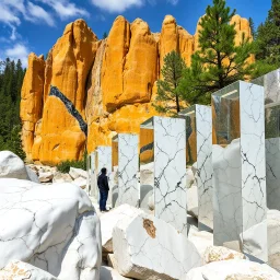 Un'immagine di un paesaggio naturale con marmi gialli e blu scuro, imponenti e altissimi, accanto a strutture artificiali e alberi. Queste strutture sembrano blocchi rettangolari riflettenti, come colonne di vetro, che creano un contrasto tra il naturale e l'artificiale. Persona osserva. bianco con venature e solchi. La scena trasmette un senso di sospensione e dialogo. Dettagli degli specchi e delle rocce molto accentuati