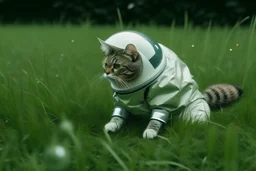 a ball lying on the grass when it is raining, a cat in an astronaut costume is standing next to it