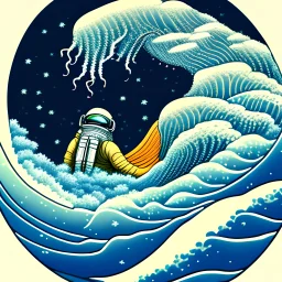 An astronaut floating in space surrounded by a halo of glowing jellyfish, done in the style of Hokusai's The Great Wave off Kanagawa