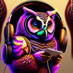 Illustrative sketch of a humanoid owl in music with headphones, full body, ultra quality, hyper detailed, graffiti, concept art, 8k