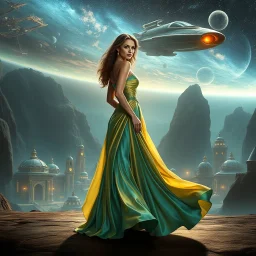 A breathtaking cosmic fantasy scene featuring a stunningly realistic beautiful woman with a perfect face and sculpted figure standing gracefully on an open stage of a floating CIFI town with Space craft landed over it. Surrounding her are CIFI buildings in deep space. She wears an elegant flowing gown in vibrant blue-gold hues that billow around her perfect form.