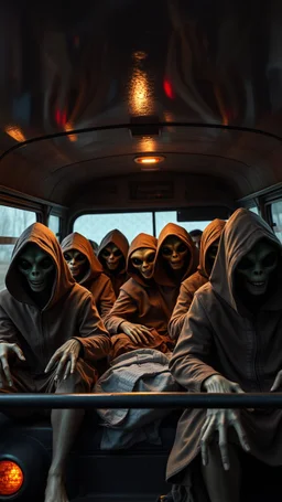 A bus full of scary hooded aliens sitting in the back of truck