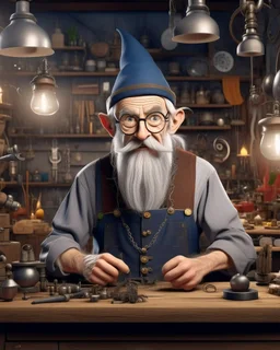 Eccentric gnome inventor with wild grey hair and spectacles. Bright curious eyes. Multiple gadgets and tools on belt. Medieval-fantasy steampunk clothing mix. Excited expression. Workshop background, warm lighting.