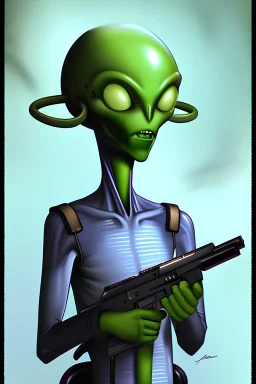 depressed alien holding a gun