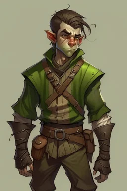 half orc teenage boy wearing rogue clothing, mischevious