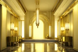 An Art Deco Foyer with mirrors and brass sconces, incandescent, gleaming, by artist "Igor Zenin"