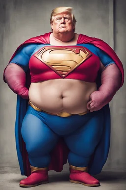 morbidly obese superman with donald trump's head and his belly hanging out