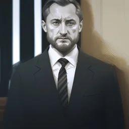 noble president, portrait, confident posture, concerned look, short beard; very short hair, politician suit; somber pencil sketch style, black and white, grayscale, graphite pen;