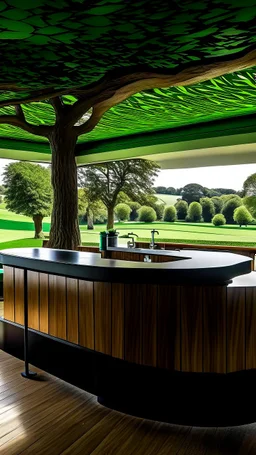 A modern and sleek coffee bar situated in the heart of Sycamore Gap, with a stunning view of the iconic sycamore tree and its vibrant green leaves.