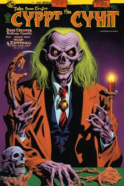 Cover of "TALES FROM THE CRYPT" Magazine, the Crypt Keeper, creepy, Eldritch, sharp colors, horror, by Bill Elder, by Dave Kendall, maximalist, sinister, retro magazine cover.