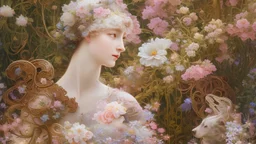 An elegant Art Nouveau-inspired portrait of a serene woman surrounded by a pack of majestic dogs in a lush garden setting, soft pastel colors, organic flowing lines, intricate floral motifs, reminiscent of Alphonse Mucha's style --s 150 --ar 4:7 --c 5