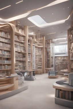 A modern library. Robotic book delivery, everything is automated. Cutting-edge library interior design. Everything is drawn in detail, in high resolution. 8k