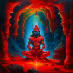 An oil painting of hindu god YAMA in a cave, neon red colors, high detail