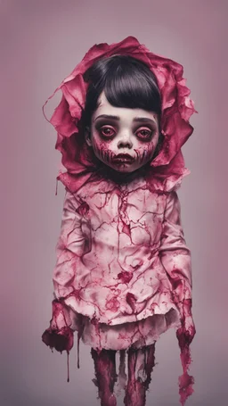 full color, illustration of a darkred and pink tones, menacing, Singer Melanie Martinez face, as a decayed, broken, skin turned translucent, black veins that extended like roots beneath her skin, latex suit, crude homemade cloth doll toy, with a narrow cracked porcelain face, thick dark eyebrows, hair in two gradually, made from ragged strips of cloth, in the style of Alex Pardee, Tim Burton, and Nadya Sheremet