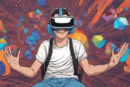 الصورة تعرض شابًا يرتدي نظارات الواقع الافتراضي وهو يستمتع بتجربة واقع افتراضي مذهلة. يظهر وجهه المبتسم وتعابير الدهشة في عينيه واضحة، حيث يبدو وكأنه مغمور في عالم ثلاثي الأبعاد مليء بالألوان والتفاصيل. تتدفق الأسلاك من النظارات على جانبي وجهه، مما يُظهر التفاصيل التكنولوجية المذهلة للجهاز. خلفه، يمكن رؤية أشكال هندسية ثلاثية الأبعاد وصور مجردة تطفو في الهواء، مما يعكس تجربة فريدة وغامرة للواقع الافتراضي. يتواجد شعار "مستقبل الواقع الافتراضي" بالزاوية السفلى اليمنى للصورة، يضفي لمسة إضافية من ال