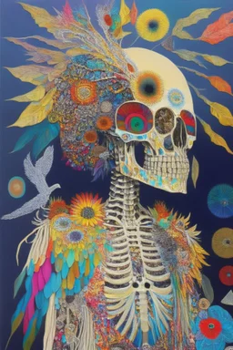 Painting entitled "If you had another hole in your head, your brain would fall out"; neo-surreal skeleton wearing a designer coat of many colors made from mixed media such as feathers, foliage, flowers, gemstones, and shiny sequins that reflect the sun; quilling, award-winning, masterpiece, portfolio piece, fantastical, Intricate, provacative, Hyper-detailed, Holographic, Magnificent, Meticulous, Mysterious