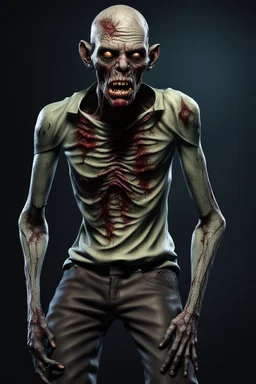 In a sleek, industrial studio setting, a photorealistic 12k ultra-high-definition rendering of a zombie model is captured in a mysterious pose. The zombie, adorned in a shirt made from elephant skin, pants are short ripped skinny pants, shoes are Crocs from elephant skin, thick soles with rollerblades,exudes a sinister aura under the studio's dark and mysterious lighting, creating an unsettling juxtaposition of the undead and the avant-garde."
