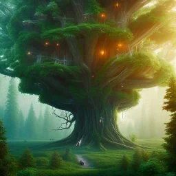 A giant tree With a giant treehouse,8k, meditation,beautiful,wild,