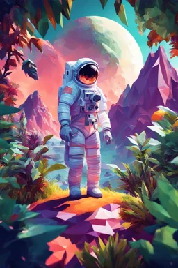 (((close midshot))), (((low poly art:2))), (astronaut), ultra-detailed illustration of an environment on a dangerous:1.2 exotic planet with plants and wild (animals:1.5), (vast open world), astronomer inspired, highest quality, no lines, no outlines candid photography.