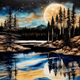 Alcohol ink art with thin black and gold lines at boundaries. Hyper realism, Fantasy, Surrealism, HD, Detailed. Centered. Shades of white, gold, tan, and deep blue. A forest with pine trees and nearby lake. Very large full moon on horizon. Reflection. Waves splashing in the night. The sky filled with the cosmic wonder of the Milkyway. Starlit night.