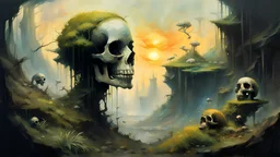 Skull ecosystem, soil, plants, humid, lush moss, sunset ecosystem reimagined as digital air brush beautiful gesture expression by Tran Nguyen Jeremy Mann Frank Frazetta Carne Griffiths WLOP, Intricate, Complex contrast, HDR, Sharp, soft Cinematic Volumetric lighting, stylized colours, wide long shot, perfect fantasy art masterpiece