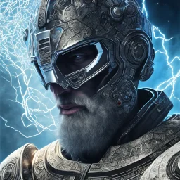 symetrical, centered, ultra detailed, digital art, in center is a portrait of highly detailed greek colossus surrounded by quantum galaxy codes seeking knowledge, detailed face, dominating colors = gray light blue, lightning, smoke, destruction