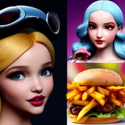 Dove Cameron's highly detailed beautiful face, meticulously detailed multi-hued hair; Happy Meal, cheeseburger, fries, cyberpunk, digital painting, artstation, smooth, sharp focus, flowing, illustration, art by Lisa Frank, artgerm, Greg Rutkowski, Alphonse Mucha and William-Adolphe Bouguereau, cyberpunk, Unreal Engine 5