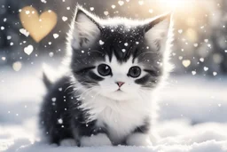 black and white chibi kitten in the snow, under the snow , heart and love in the sunshine, watercolor and black ink outlines, sparkling golden glitter, ethereal, cinematic postprocessing, bokeh, dof
