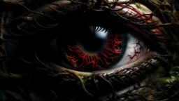 A close-up of a large, menacing eye with a red iris and slit pupil, surrounded by a dark, ominous background featuring twisted, gnarled branches and foliage