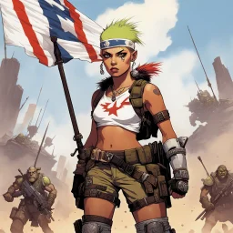 tank girl young with a white flag blocks tall orcs and giants, she is the soldier of peace