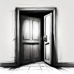 sketch of a scary dark room wall with a locked door white background